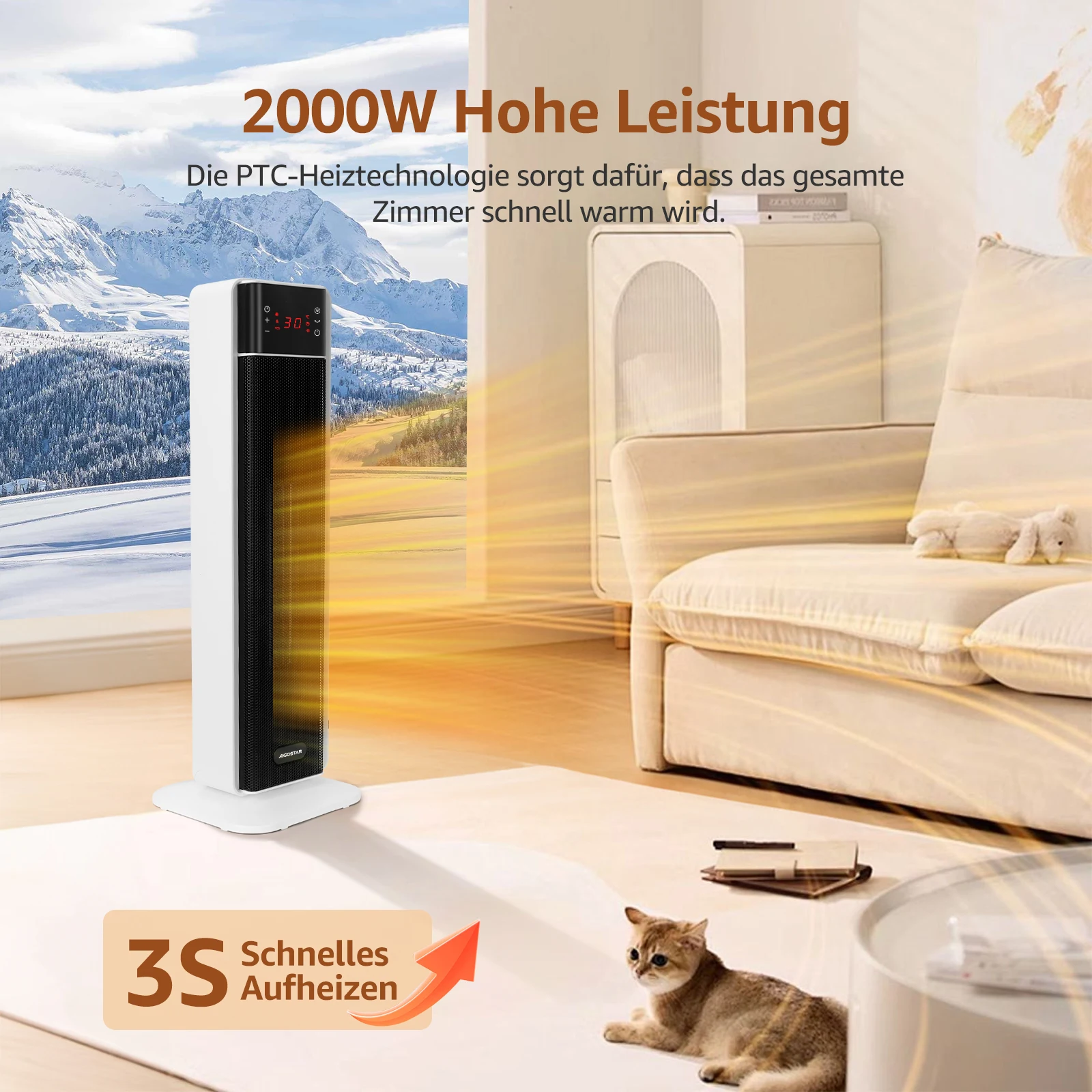 Aigostar Energy-Saving Fan Heater with Thermostat, 2000W PTC Ceramic Fan Heater with Remote Control, 70° Oscillation, 4 Modes