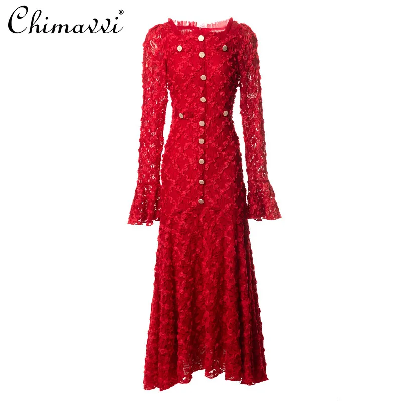 

2025 Autumn Winter New Heavy Three-dimensional Disc Flower Square Collar Horn Long-sleeved Dress Elegant Retro Princess Dress