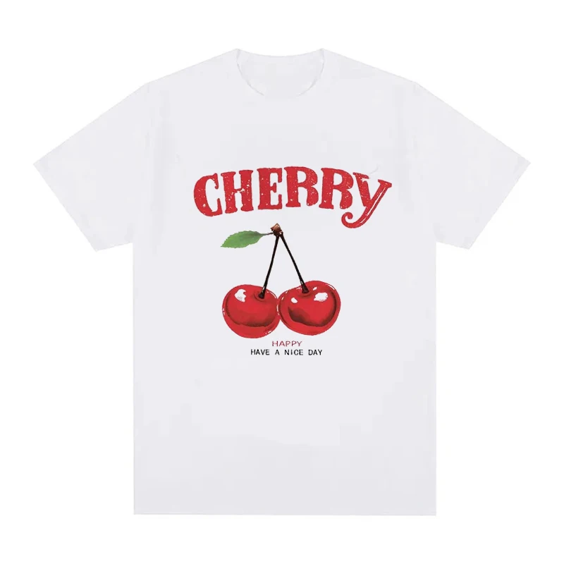 Summer Women Fashion Cotton T-Shirt Cherry Print O-Neck Tops Tees Floral Graphic Short Sleeve Clothing Female Casual Streetwear