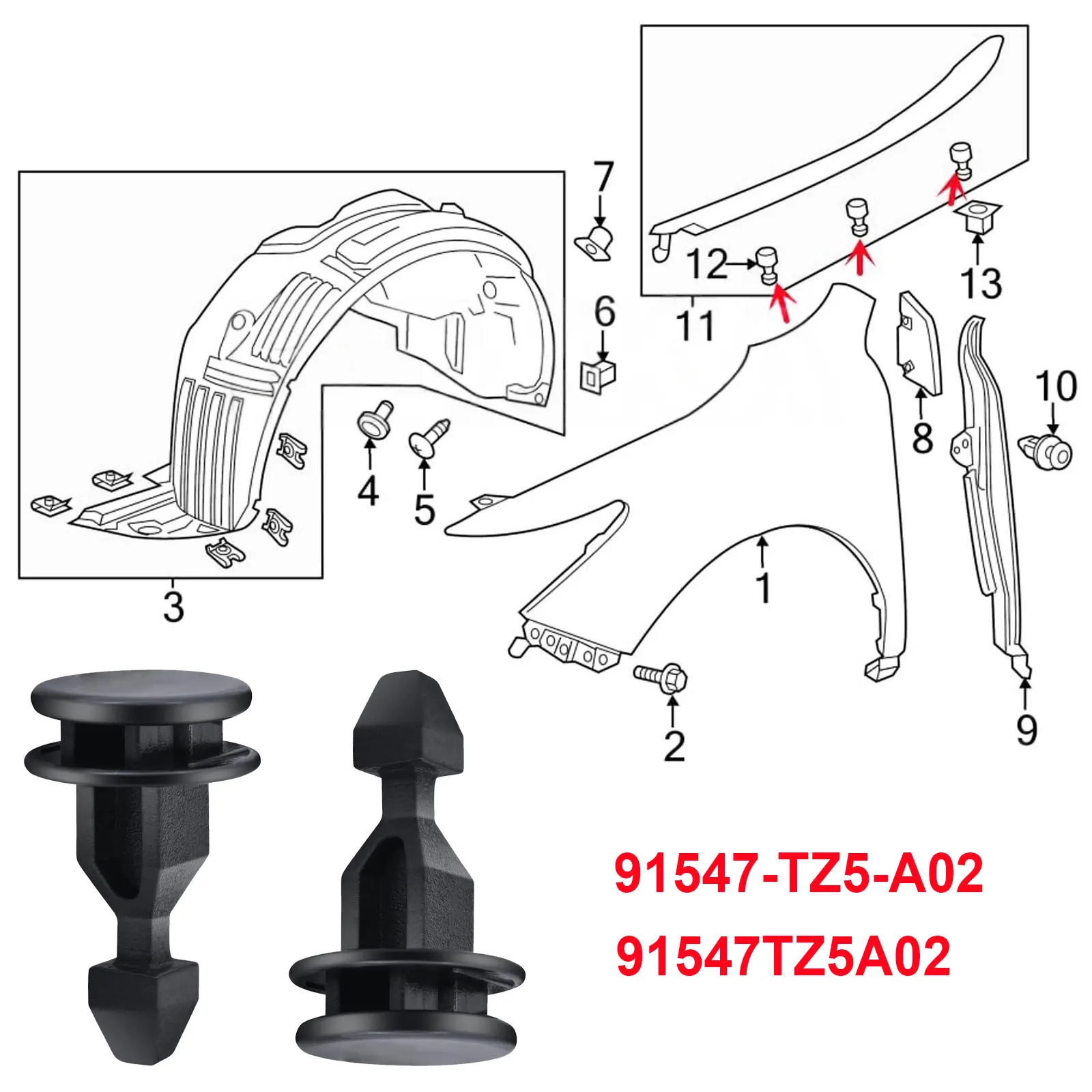 For Honda Odyssey Pilot Ridgeline Engine Bulkhead Cover Striker Retainer Trim CLIPS 91547-TZ5-A02 Engine Cover fastener