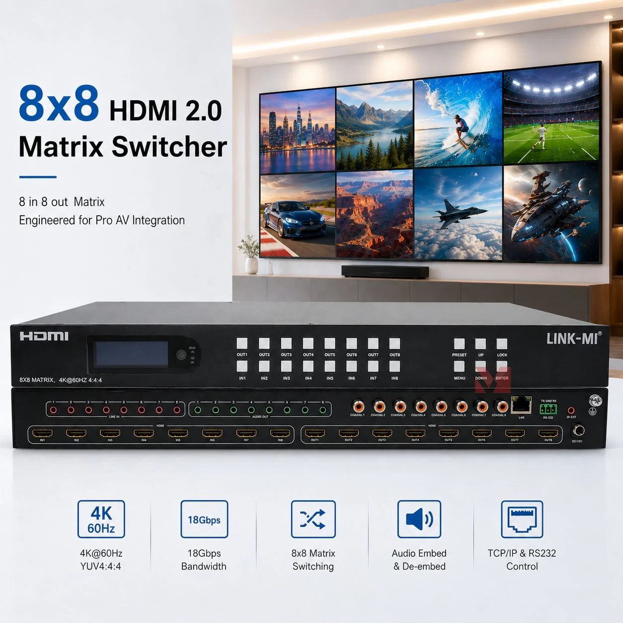 HDMI-матрица 8x8 4K60Гц, 8 входов, 8 выходов, с экстракцией 8 аналоговых/SPDIF аудиосигналов, поддержка EDID, веб-интерфейс
