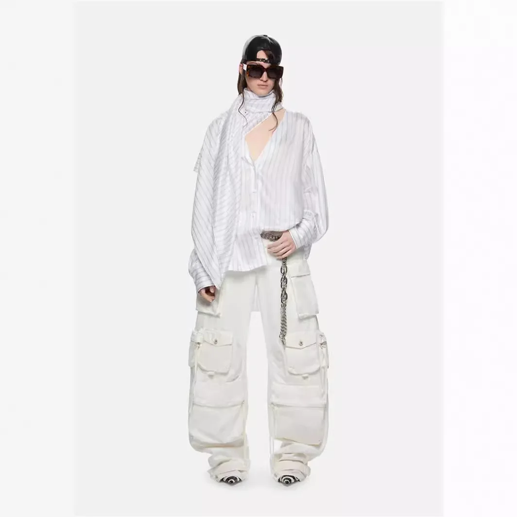 Amerikaanse streetstyle dameswerkkleding jeans lente zware industrie imitatie oud gewassen gescheurd gat multi-pocket wijde pijpen