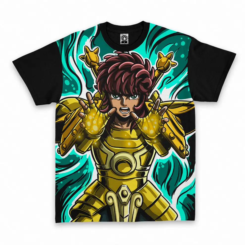 Anime Saint Seiya Libra Dohko Tshirt Golden Armor Full Print Black Raglan Tee Unisex Retro Manga Casual Short Sleeve Tops