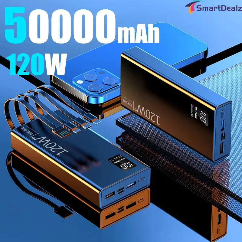 

50000mAh High Capacity Power Bank 120W Fast Charging Powerbank 4 in 1 Cables Portable Battery Charger For iPhone Samsung Xiaomi