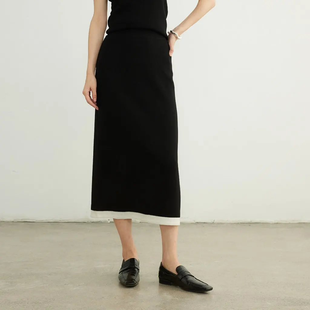 

Women's Merino Wool Skirt Early Autumn Contrasting Color Elastic Waist Mid-Length Slim A-Line Hip-Covering Knitted Skirt