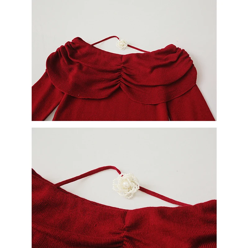 2025,European Clothes Fall Winter Knitted T-Shirt Chic Sexy Off Shoulder 3D Patchwork Women Pullover Long Sleeve Tops Tees 41001