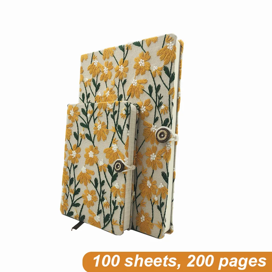 A5 A6 Fabric Embroidery Cloth Notebook with Bookmark and Buttons 100 Sheets 200 Pages Line Inner 80 GSM Paper Notepad