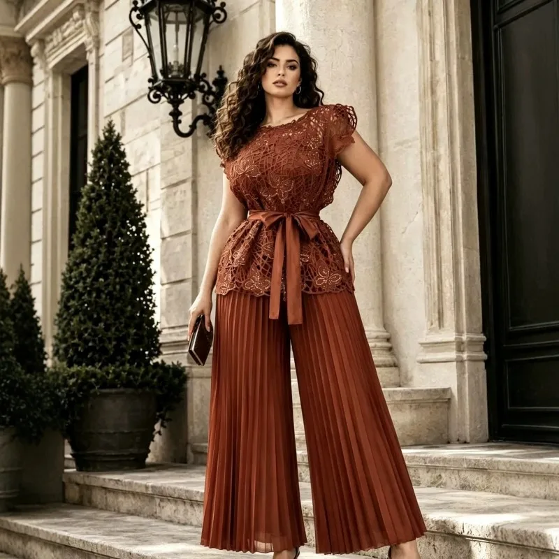2026 Autumn New Plus Size Pants Set Women Light Luxury Lace Sleeveless Crochet Top Satin Belt Pleats Wide-Leg Pants Ruched Set