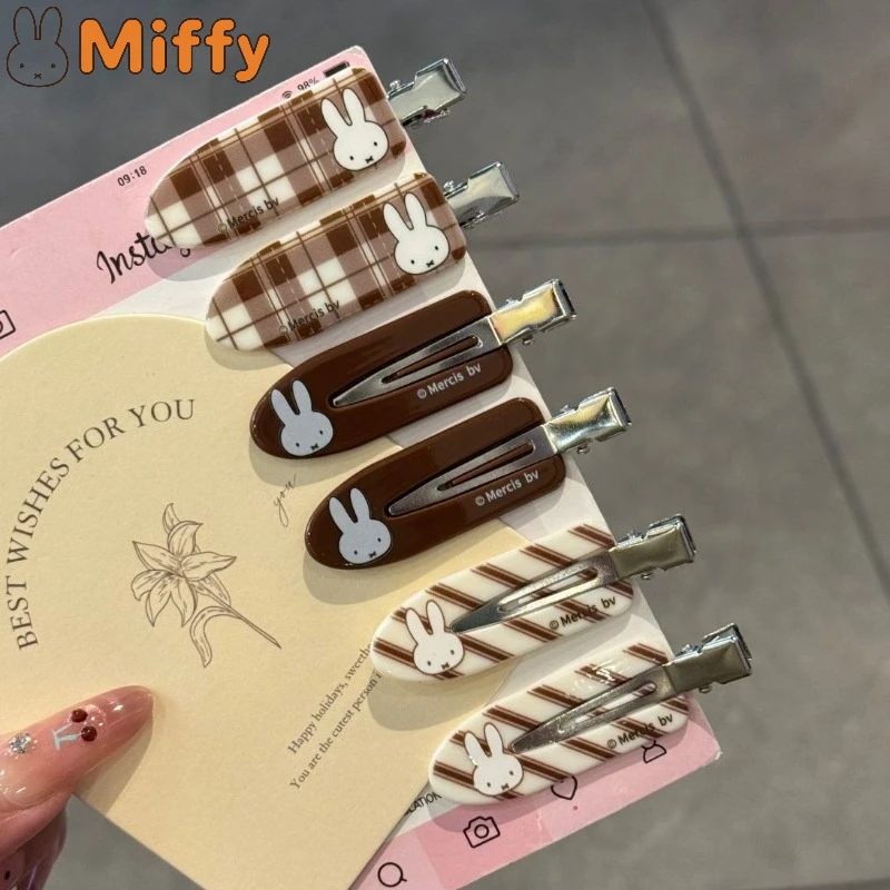 Cute Miffy Rabbit Brown Plaid No-Crease Hair Clip Vintage Cartoon Bangs Clip Flyaway Hairpin Fringe Barrette Girls Daily Styling