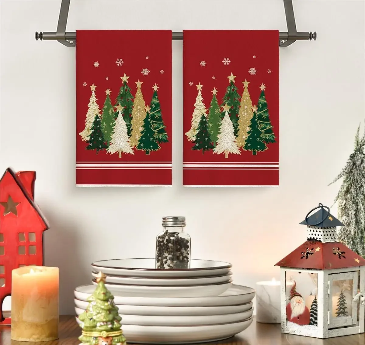 قطعتان، مناشف المطبخ لشجرة عيد الميلاد النجمية، مجموعة مناشف 40 سم * 60 سم، قماش تنظيف ناعم فائق الامتصاص، منشفة شاي الخبز والطبخ #1
