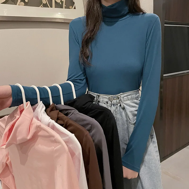 

High Collar Long Sve Women's Base irt Pure Color Autumn Winter Versatile T-irt Inner Faionable Top Trendy 2023