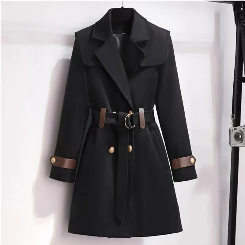 2023 Autumn Winter Wool Jacket Womens Clothing Woolen Coats Female Slim Belt Elegant Long Coat Female Beige Black Outerwear 2874