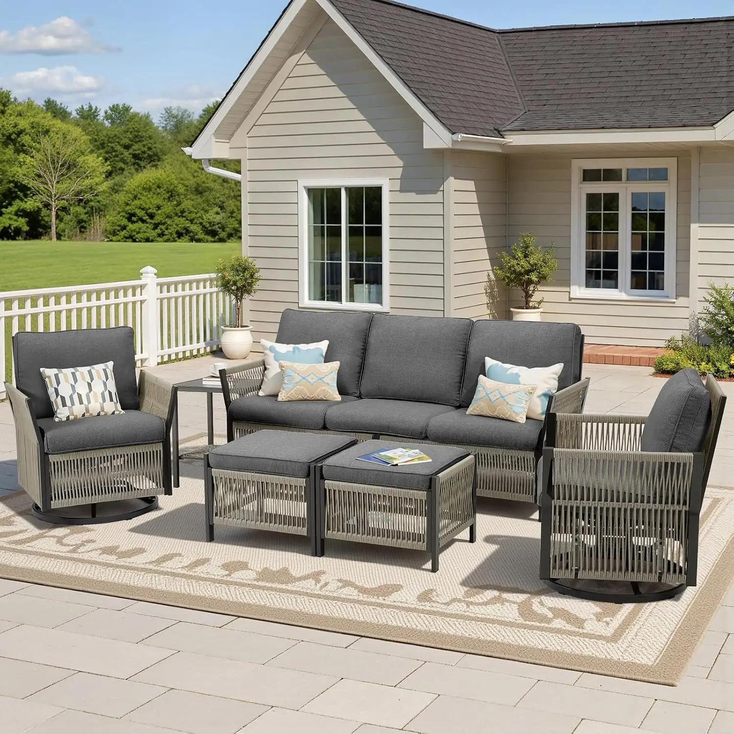 Patio Furniture Set Outdoor/Indoor, Wicker Patio Sofa, 6pcs Furniture Set with Swivel Rocker Chairs, Side Table,, Customized