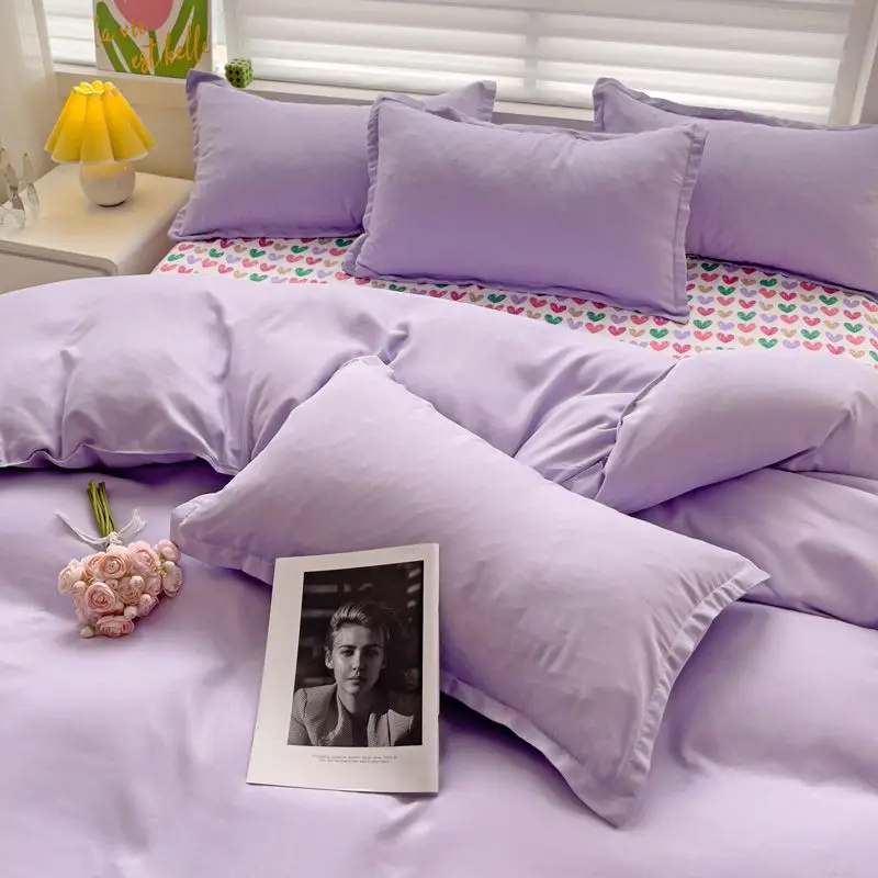 Purple Duvet Cover Set Ins Solid Color Korean Flat Sheet Pillowcases Bedding Set Girls Boys Queen Twin Szie Soft Bed Linens