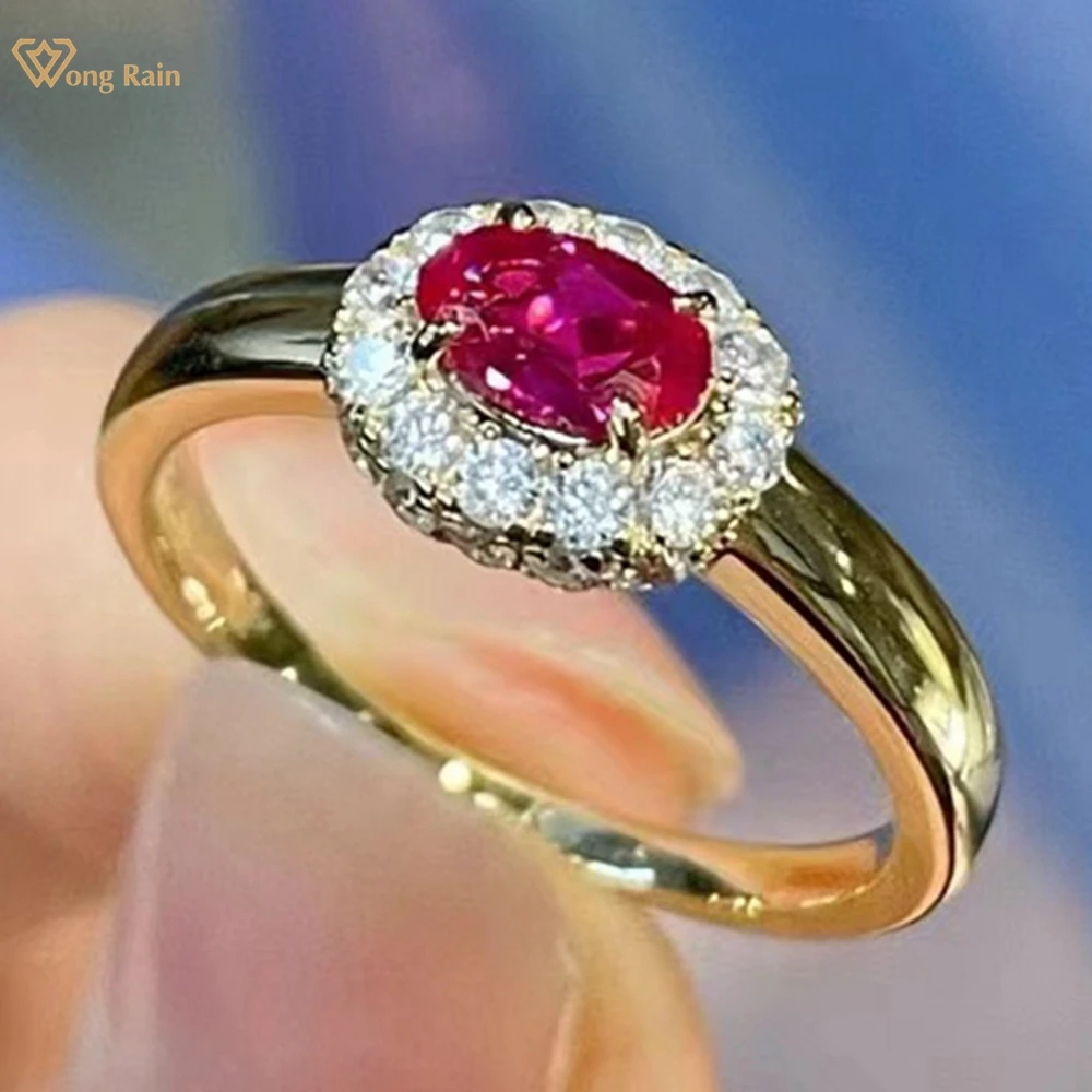 Wong Rain 18K Gold Plated 925 Sterling Silver Oval Ruby High Carbon Diamond Gemstone Ring For Women Jewelry Anniversary Gifts