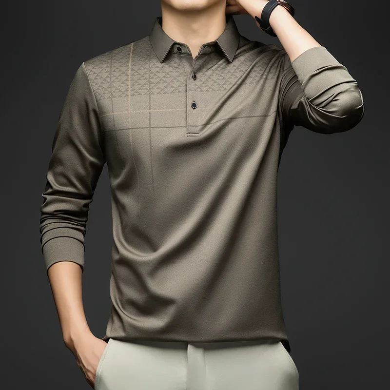 

Формальные поло-рубашки для мужчин с графическим дизайном, длинным рукавом, воротником, для офиса и работы, мужская одежда
