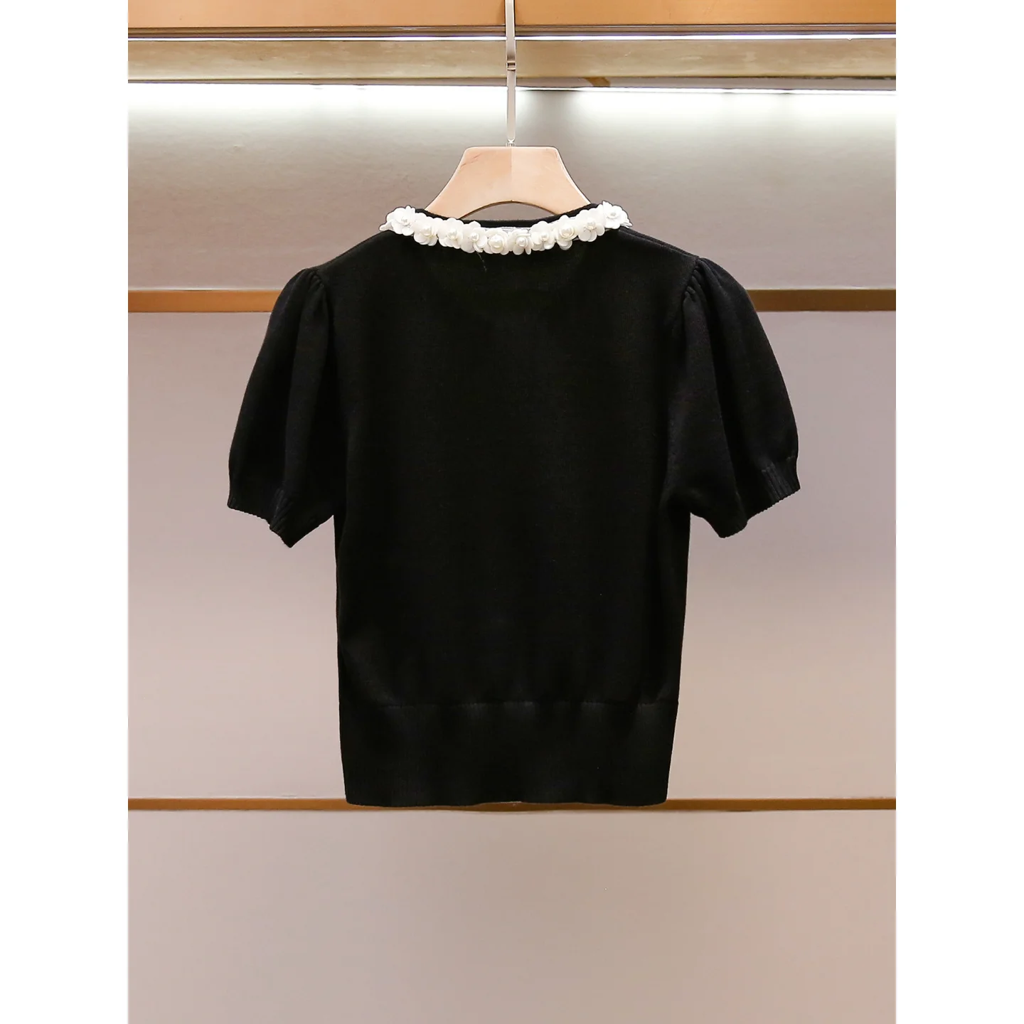 South Oil High-End Women's Summer New Light Maturity Style Slimming Beaded Lace Short Sleeve Knitted Top Ladylike Commute Style