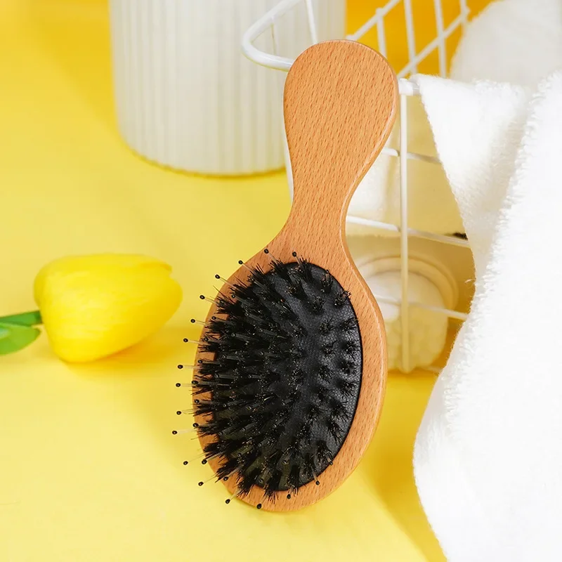 Brosse à Cheveux de Énergie du Cuir oral elu, Peigne en Poils de Sanglier, Bois Ovale Antistatique, Outil de Coiffure