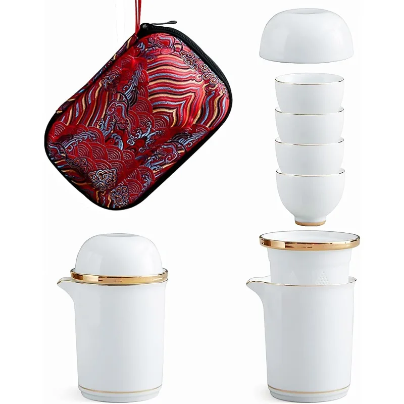 

Portable Ceramic Tea Cup Set: Porcelain Teapot Set with Tea Strainer - Lids and 4 Teacups - 1 Shockproof Storage Case