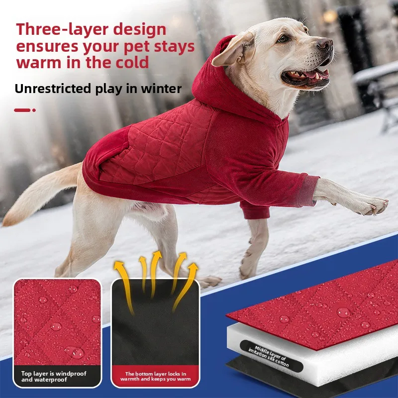 Warm Cotton Dog Winter Coat Hooded Pullover 2-Legged Windproof Jacket for Medium to Large Dogs Cold Weather Outdoor Apparel