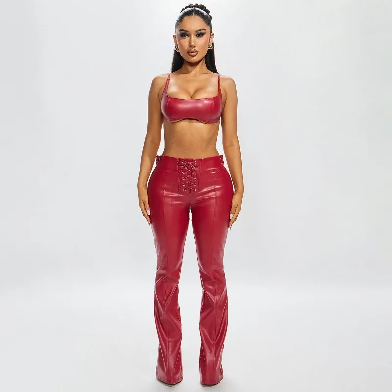 

KEXU 2026 PU Leather Set Sleeveless Hanging Neck Sexy V-shaped Corded Leather Pants Two Piece Set