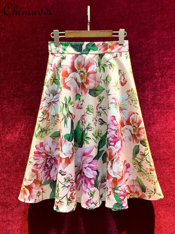 

French Elegant Vintage Socialite Rose Printed High-waisted A-line Versatile Temperament Chic Midi Skirts for Women Summer 2026