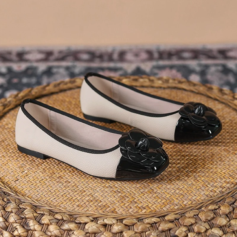 Spring Autumn New Square Head Shallow Mouth Single Shoe for Women Comfortable Soft Bottom  Color blocked Single Shoe