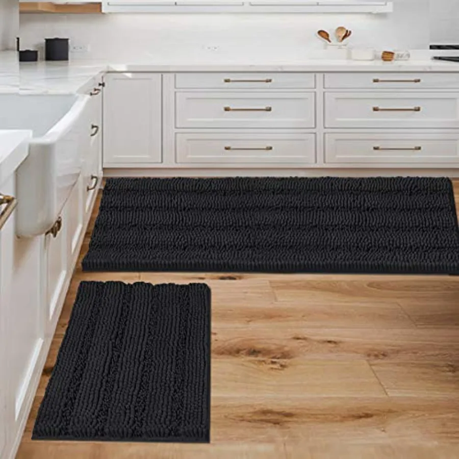 

2 Pcs Bathroom Set - Super Absorbent Chenille Striped Bath Mats, Non Skid, Machine Washable - Jet, 47 x 17 Plus 17 x 24 Inch