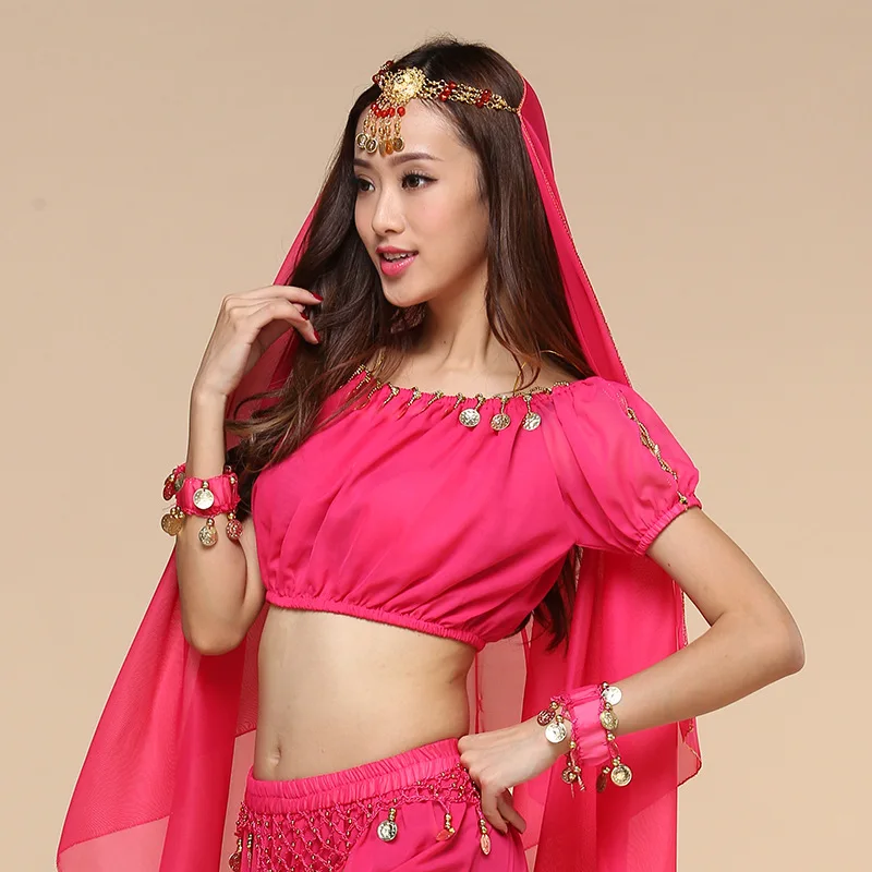 Indian Dance Performance Suit Explosion Belly Dance Top Women's Chiffon Lantern Sleeves Short Practice Performance Suit