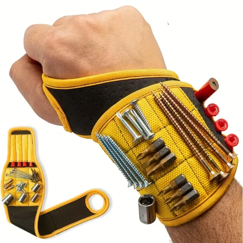 Adjustable Magnetic Wristband for Tools – Features Adhesive-Backed Hook-Loop Fastener; Holds Hardware, Screwdrivers, Screws.