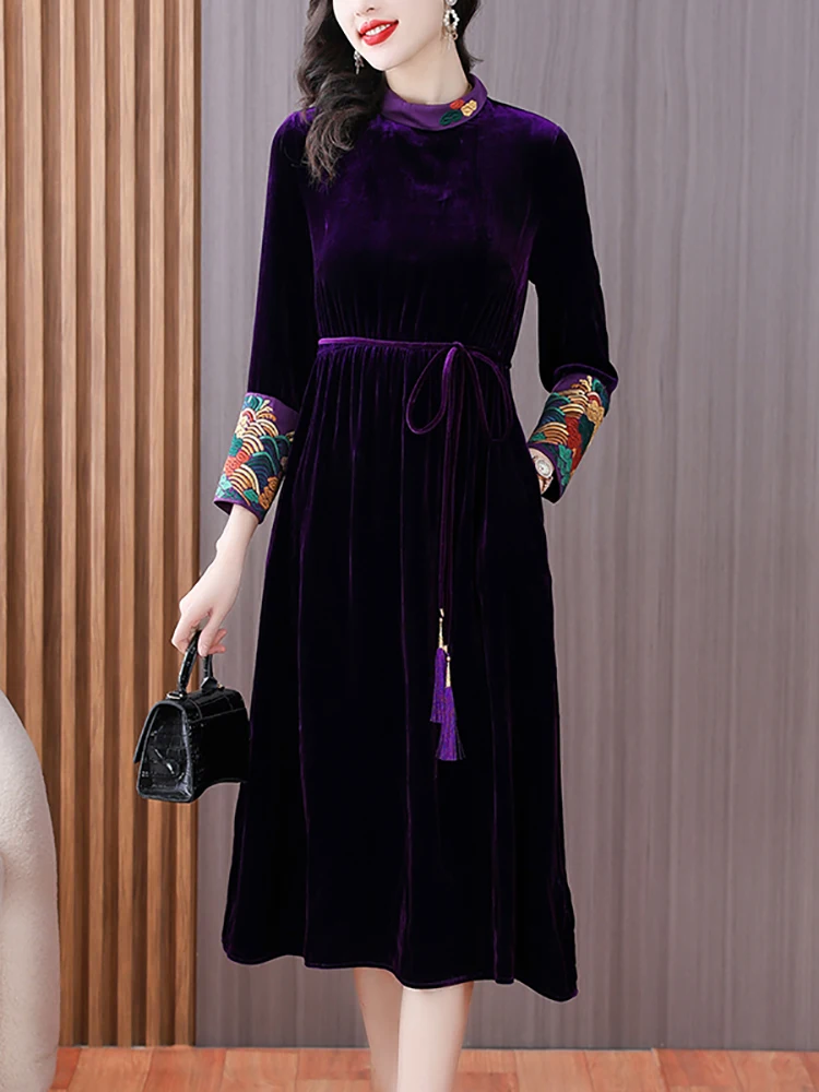 Autumn Winter Purple Velvet Chic Tassel Bandage Long Dress Luxury Elegant Party Dress for Women 2024 Korean Vintage Bodycon Robe