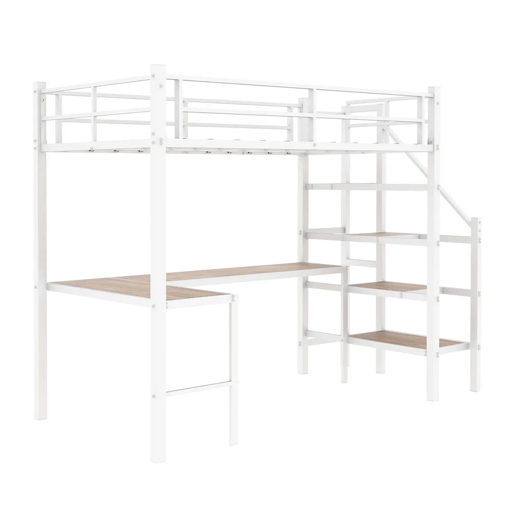 90x190cm Hohes Hochbettgestell mit L-förmigem Schreibtisch, platzsparendes Einzel-Hochbett mit Treppe, durchgehenden Sicherheitsgeländern, geräumigen Ablageflächen und Staufächern, stabiles Hochbett für Schlafzimmer, Teenager- und Erwachsenen-Schlafzimmermöbel – Detail 30