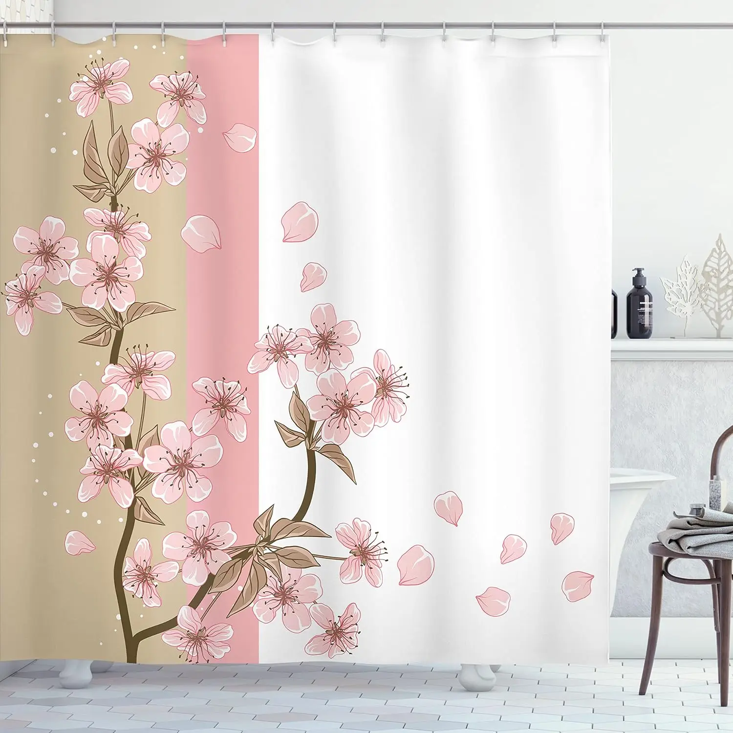 Japanese Shower Curtain Farm House Bathroom Decor Romantic Sakura Bloom Flower Petal Spring Eastern Nature Theme Cloth Fabric