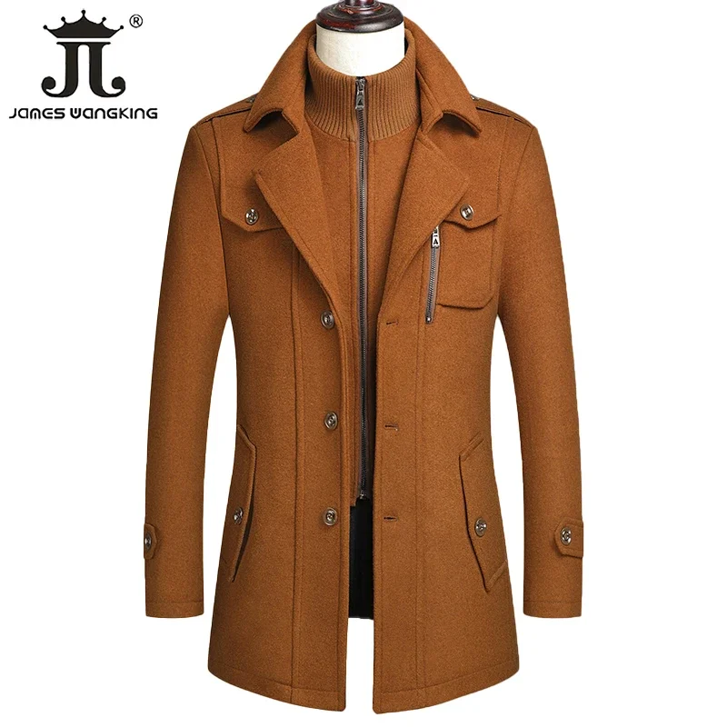 Winter Men's Wool Coats Jacket Fashion Middle Long Scarf Collar Cotton-padded Thick Warm Woolen Coat Male Trench Coat Overcoat