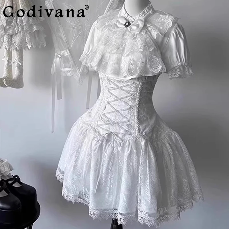 

White Gothic Style Shirt Bib Lolita Skirt Outfits Women Waist Slimming Shirt Subculture Lolita Suits Female Japanese Set
