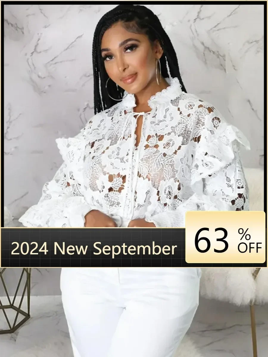 Dashiki African Shirts For Women Elegant Long Sleeve Hollow Out Lace Sheer See Through Top Blouse Clothing 2022 New Autumn