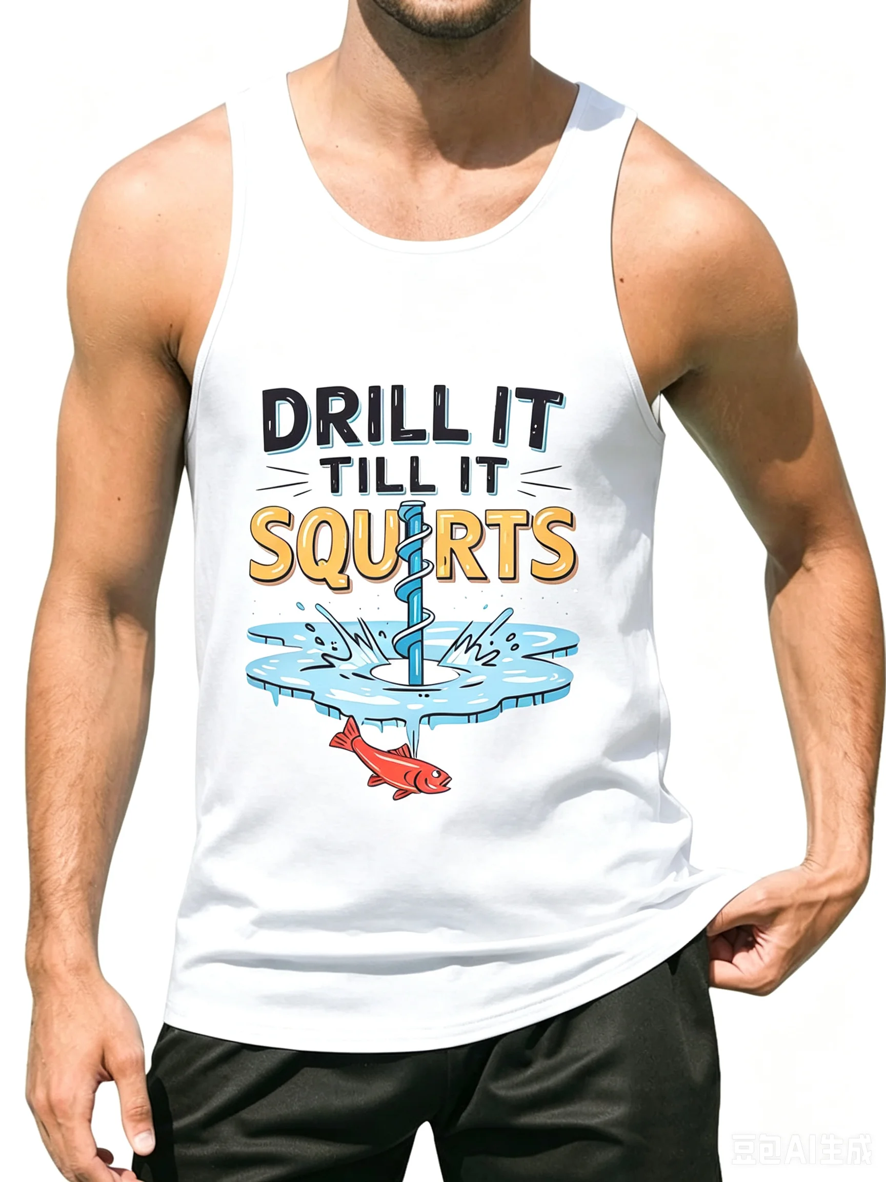 Men's Ice Fishing Graphic Tank Top, Drill It Till It Squirts Funny Sleeveless Summer Workout Gym