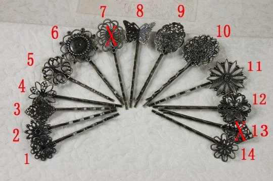 

120PCS (12styles) MIX vintage Antique Bronze hairpins cameo setting flower cabochon base hair accessories jewelry DIY Findings