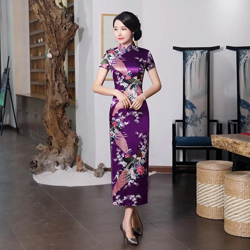 Women Cheongsam Chinese Style Vintage Stand Collar High Split Lady Qipao Colorful Floral Embroidery Smooth Qipao Female Dress