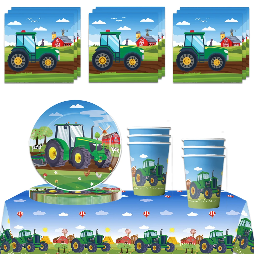 Green Farm Tractor Party Decor Disposable Tableware 61pcs/lot Excavator Vehicle Paper Cup Plate Napkins Tablecloth Decoration