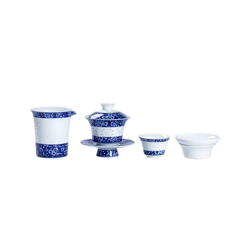 Blue and white exquisite tea set, underglaze color, kung fu tea set, ceramic cover bowl, tea cup set, souvenir gift.