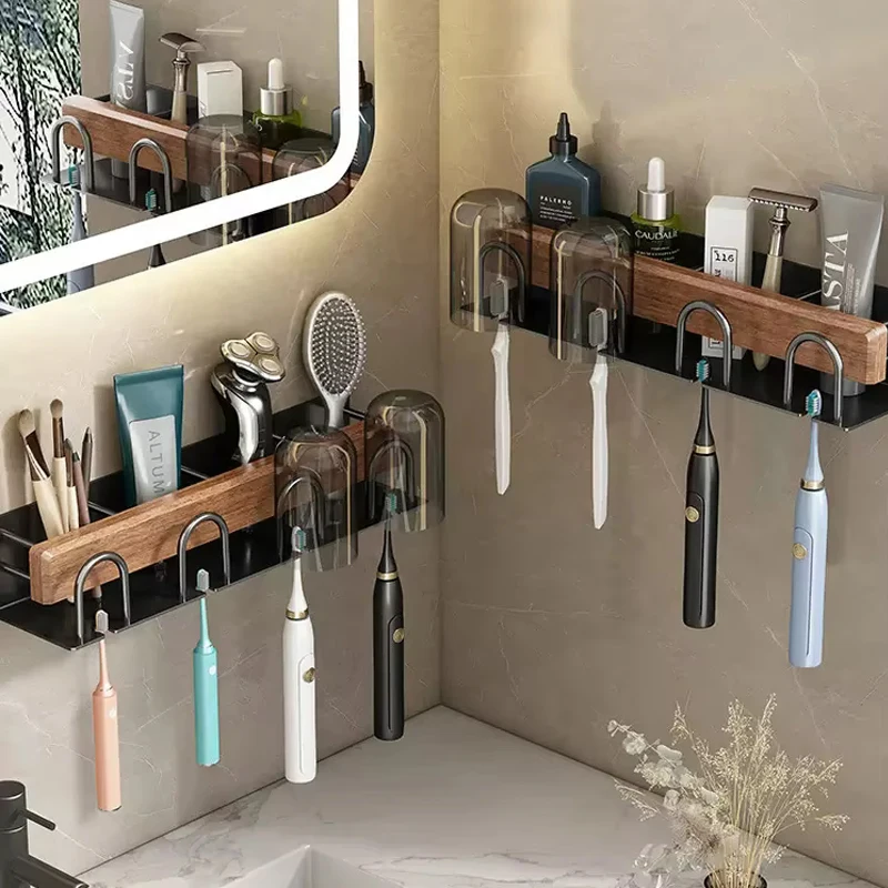 

Wood Multifunctional Toothbrush Rack and Mug Holder Wall Mounted Toothpaste and Mouthwash Storage with Toothpaste Squeezer