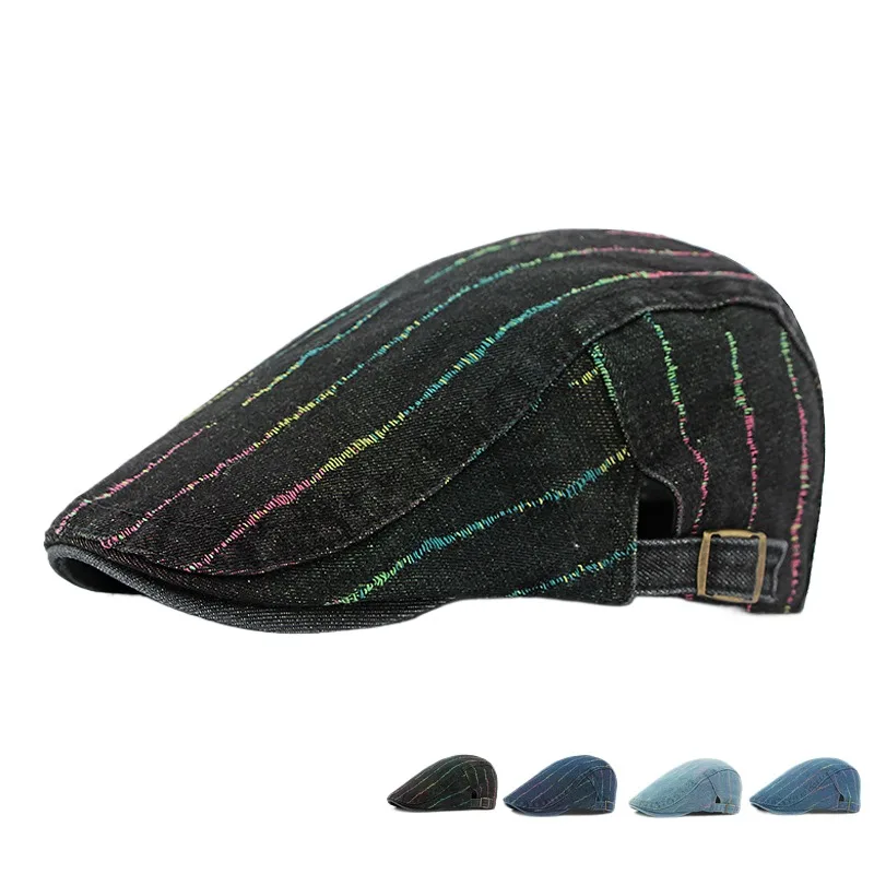 

2024 Spring And Summer New Women's Peaked Cap Personality Colorful Thread Washed Denim Beret Men's British Retro Advance Hats