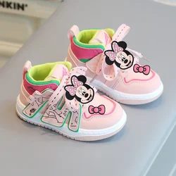 Disney Minnie Mouse Children Sports Shoes 2025 Spring Autumn Boys Casual Board Shoes High Top Fashion Girl Soft Sole Baby Shoes