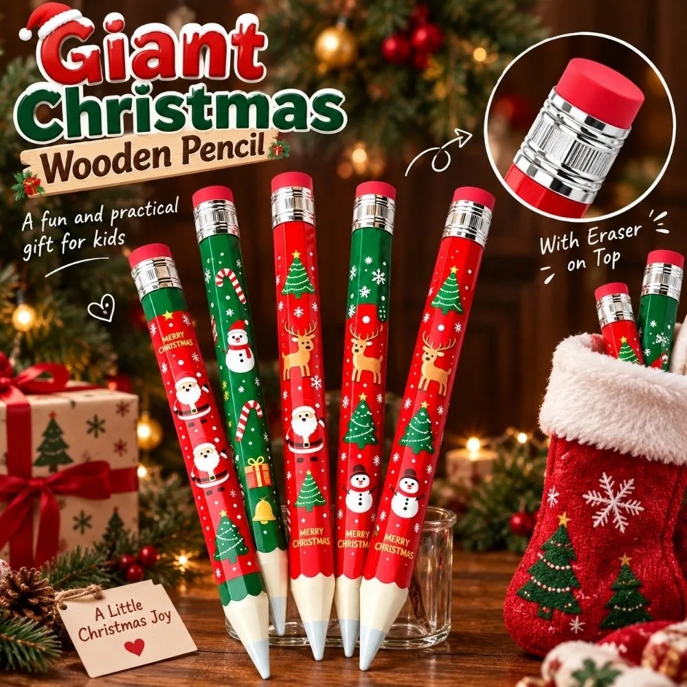 Wooden Giant Pencil Christmas Pattern 33cm Large Size Big Pencil Writable Santa / Snowman / Reindeer / Christmas Tree