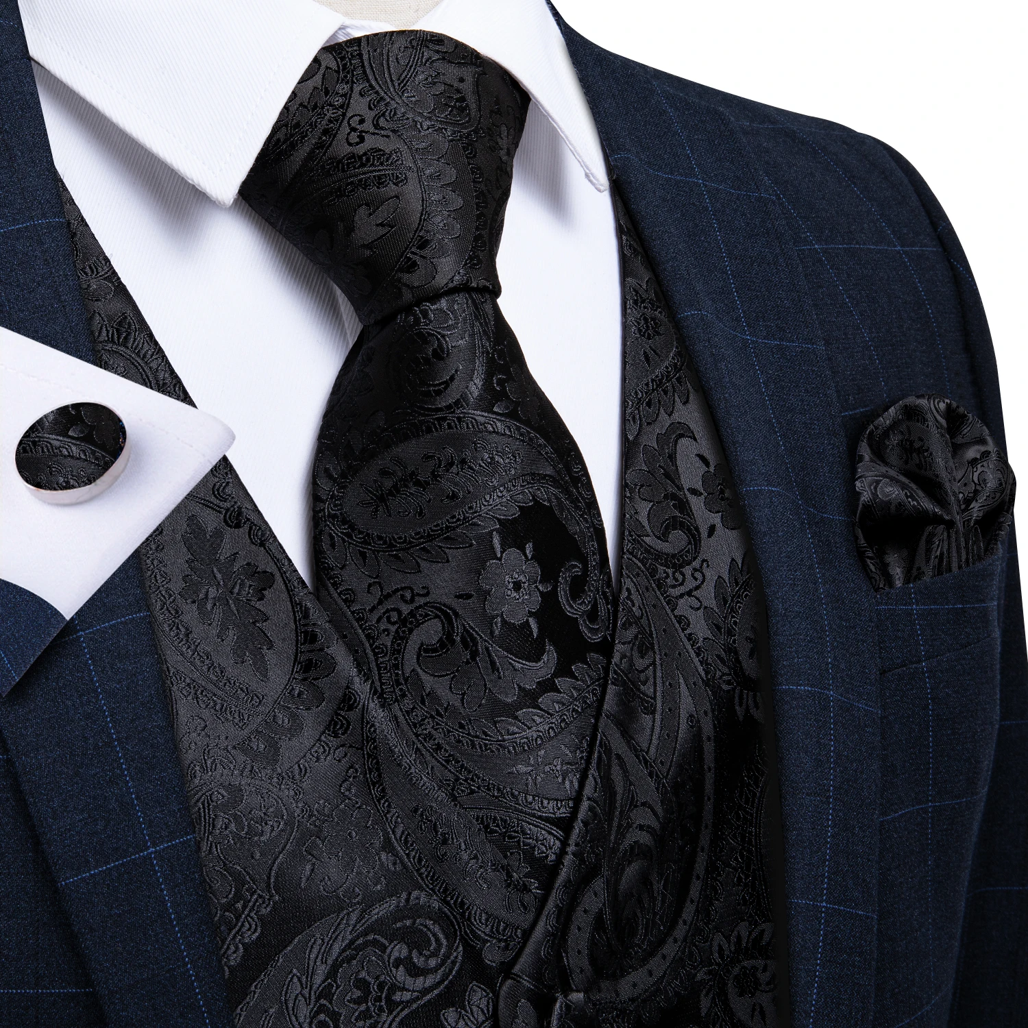 Men Classic Black Paisley Vest Set for Wedding Party Business Fashion V-neck Waistcoat Men Necktie Bow Tie Handkerchief Cufflink