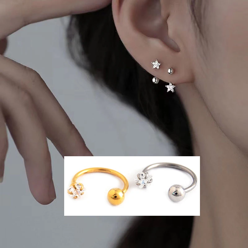 

Crystal Zircon Earring Ear Stud Hoop Nose Ring Steel 20G Clear Gem Tragus Round Star 8mm Korean Fashion Women Jewelry 50pcs