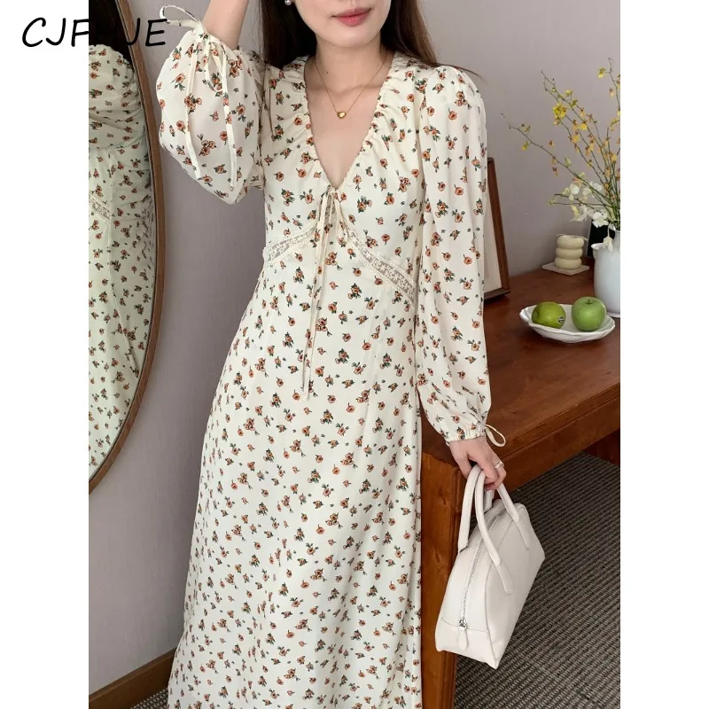 

CJFHJE French Retro Floral V-neck Drawstring Tie Up Dress Women's Spring Fashion Lace Lace Patchwork Long Sleeved Women Dresses