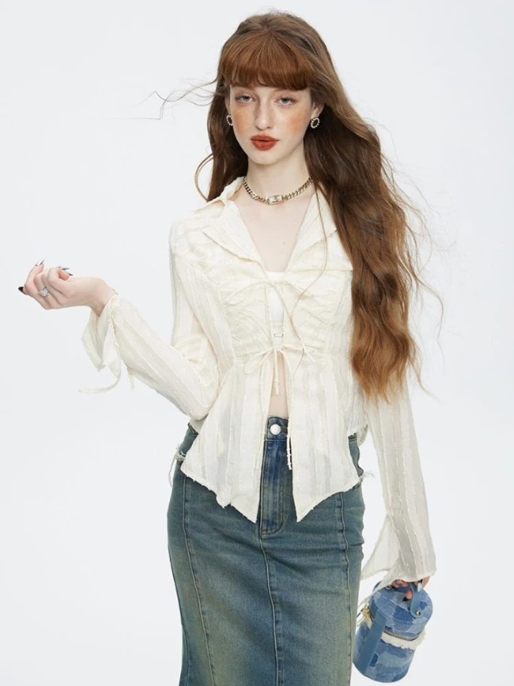 

Women Blouse Design Spring Solid Elegant Fashion Lace-up Simple All-match Retro Daily Slim Stylish Cozy Ins Casual Tender Female