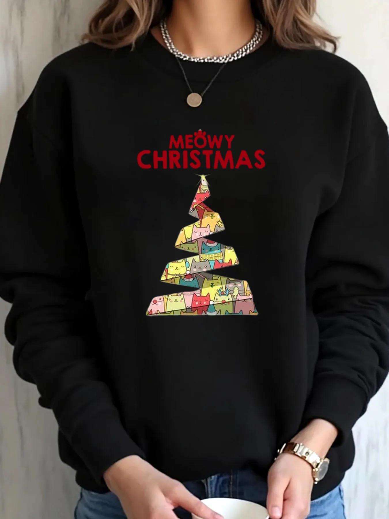 

Женская толстовка большого размера, Рождественская елка, кошка с принтом, уличная одежда